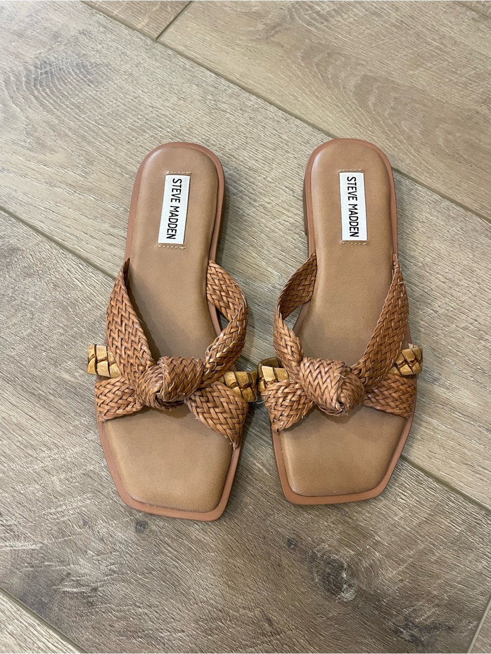 Steve Madden Braided Knot Slide Sandals in Tan with Gold Accents